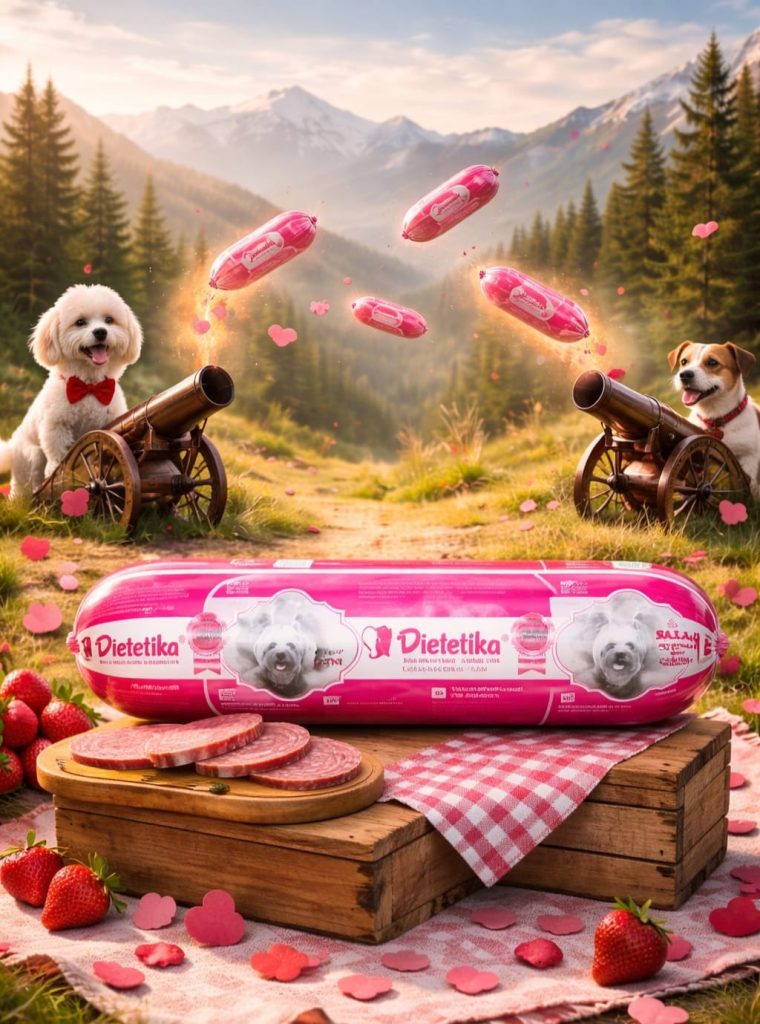 Salam Dietetika pentru câini prezentat într-o imagine promoțională creativă cu câini și peisaj montan