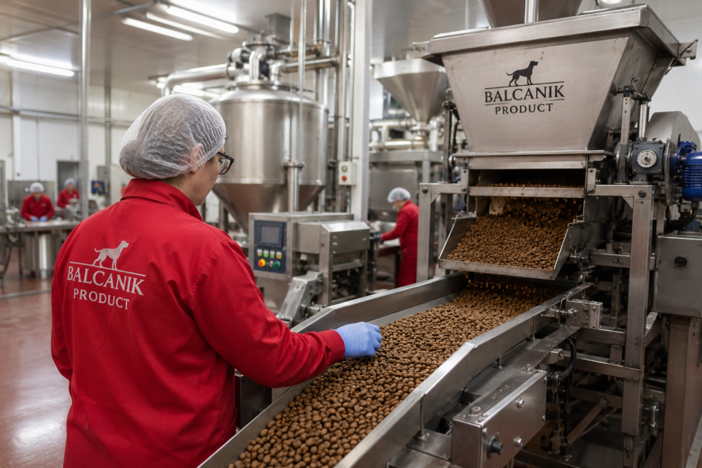 hrană pentru câini, hrană pentru pisici, producție pet food, fabrică hrană animale, Balcanik Product, siguranță alimentară, controlul calității, fabrică modernă pet food,